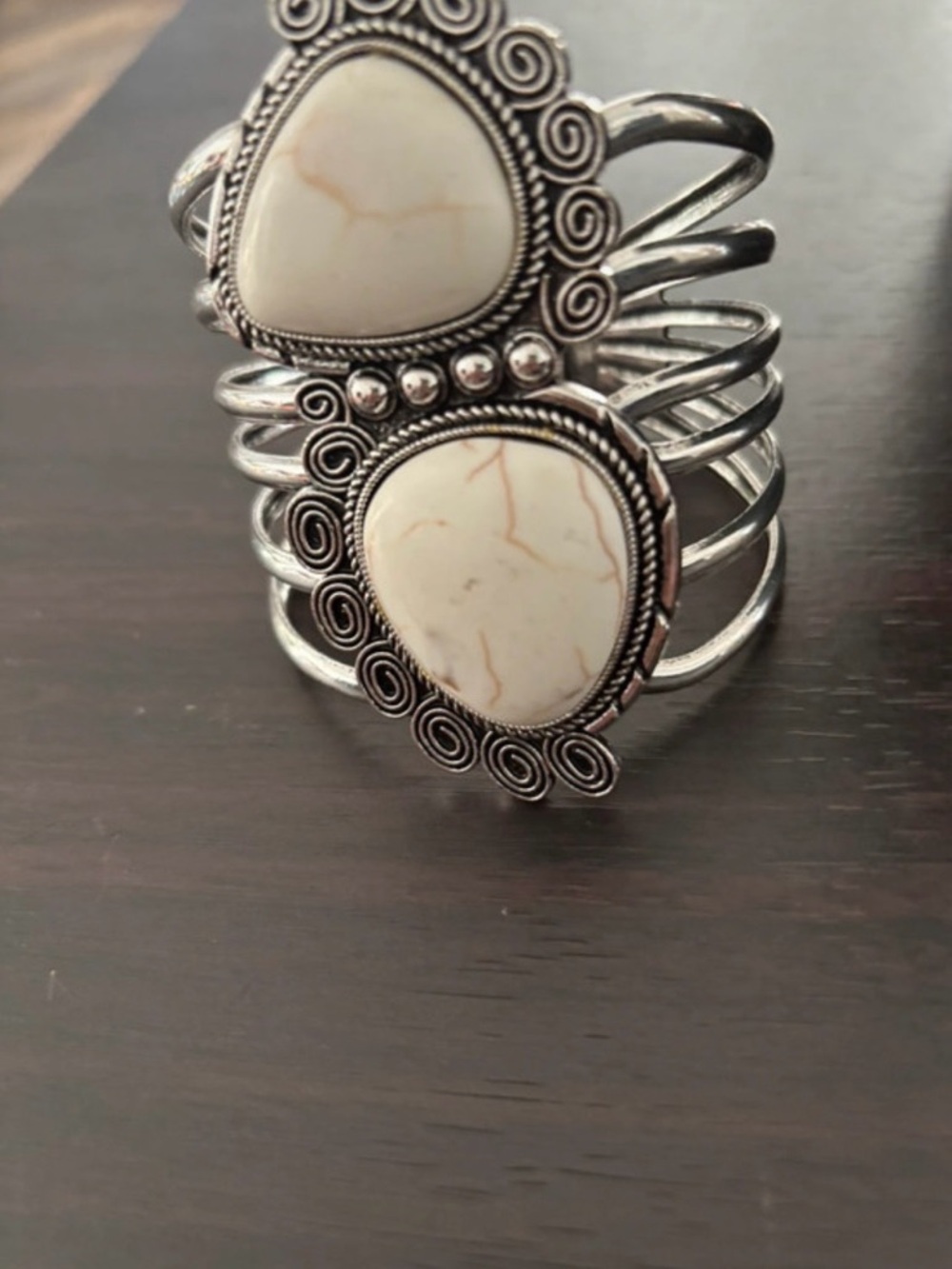 White Stone and Silver-Tone Multi-Band Cuff Bracelet